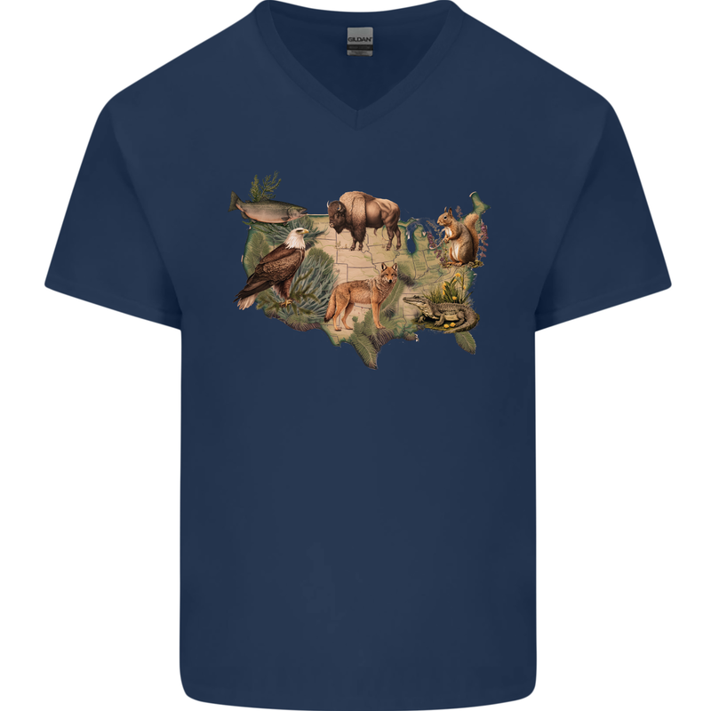 American Animals USA Eagle Buffalo Fish Wolf Mens V-Neck Cotton T-Shirt Navy Blue