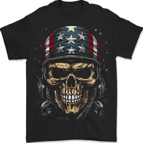 a black t - shirt with a skull wearing an american flag helmet