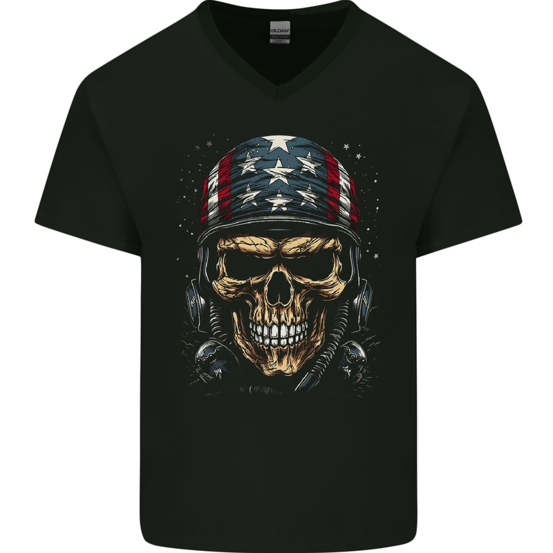 American Bandana Skull USA Biker Mens V-Neck Cotton T-Shirt Black