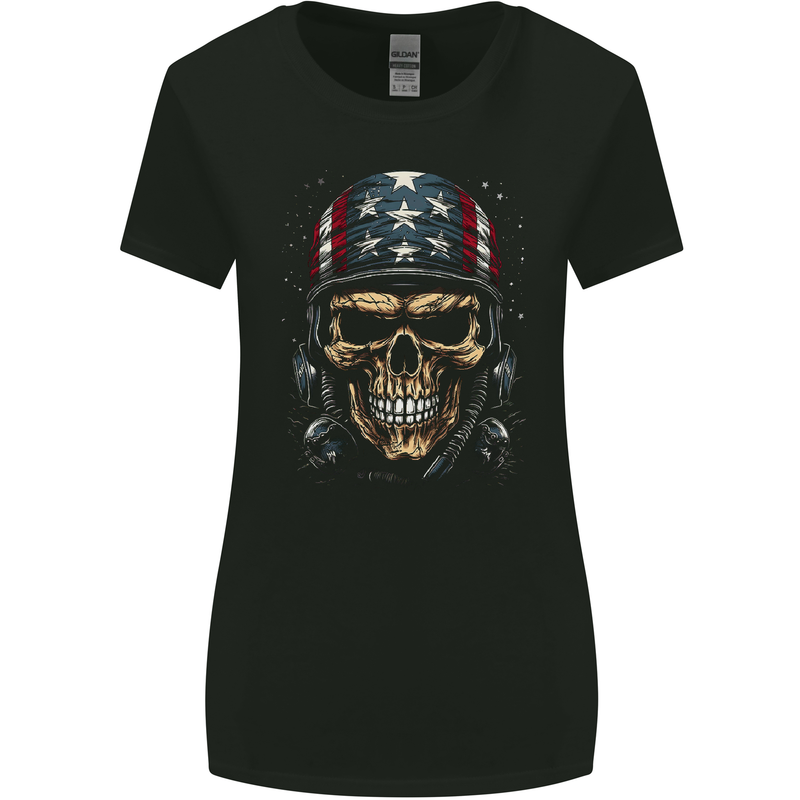 American Bandana Skull USA Biker Womens Wider Cut T-Shirt Black