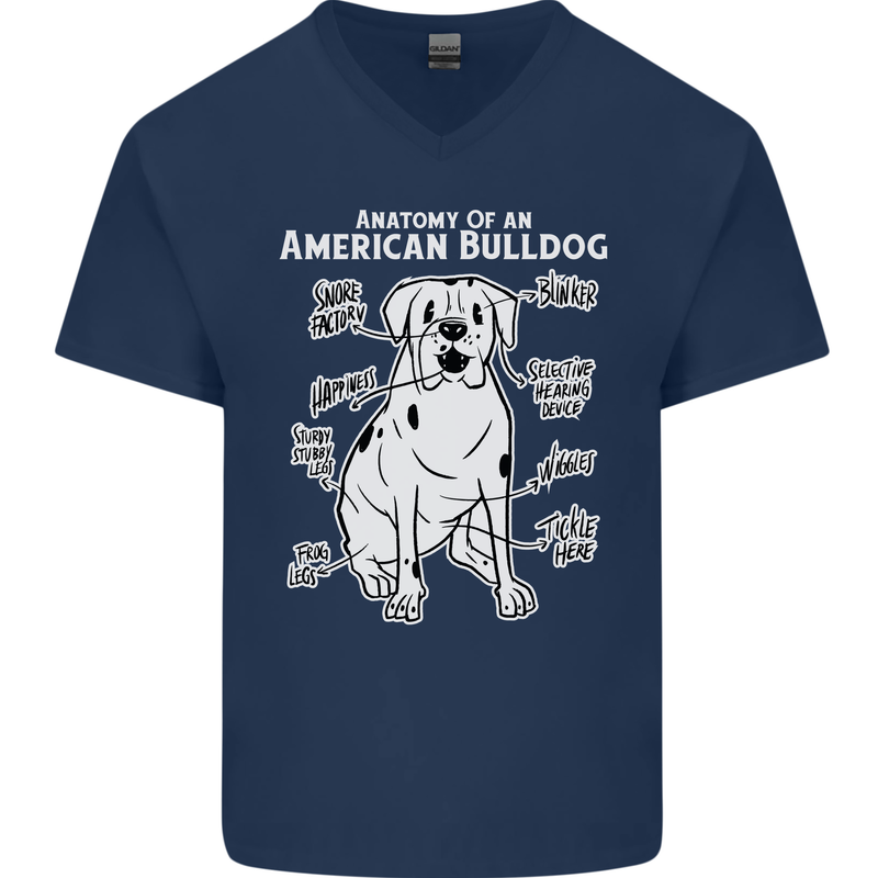 American Bulldog Anatomy Funny Dog Mens V-Neck Cotton T-Shirt Navy Blue