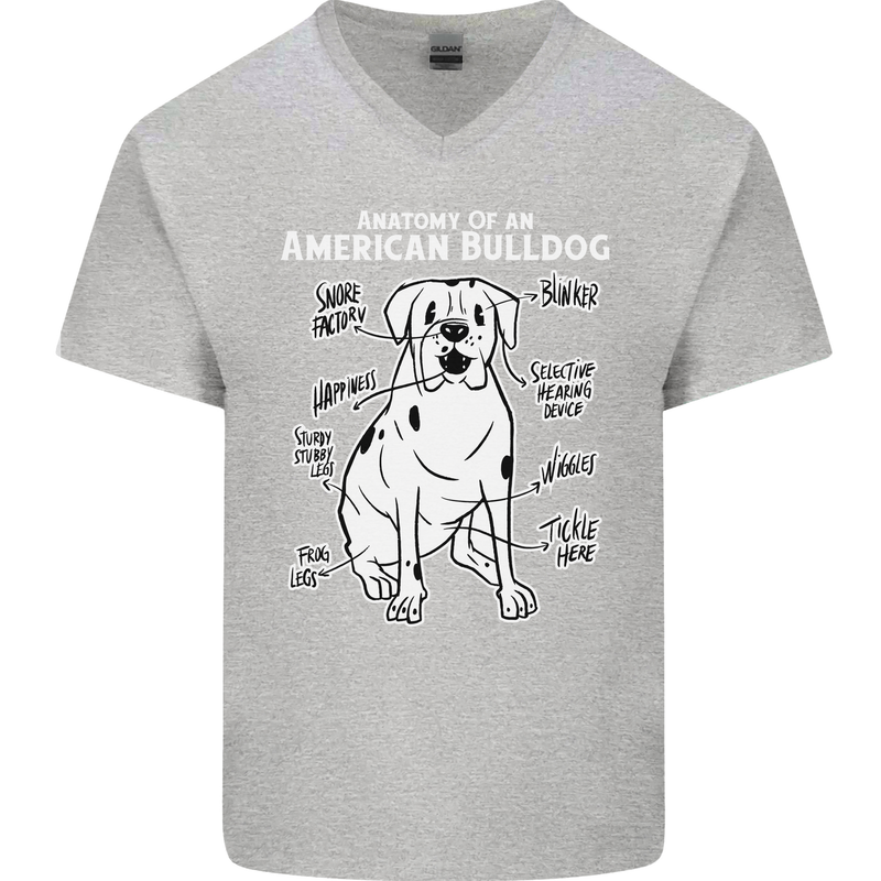 American Bulldog Anatomy Funny Dog Mens V-Neck Cotton T-Shirt Sports Grey