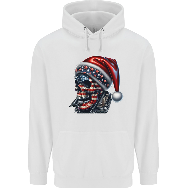 American Christmas Skull Xmas USA Flag Biker Childrens Kids Hoodie White