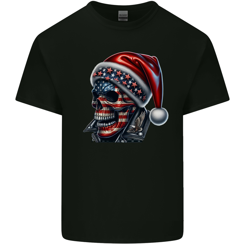 American Christmas Skull Xmas USA Flag Biker Kids T-Shirt Childrens Black