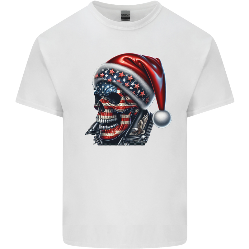 American Christmas Skull Xmas USA Flag Biker Kids T-Shirt Childrens White
