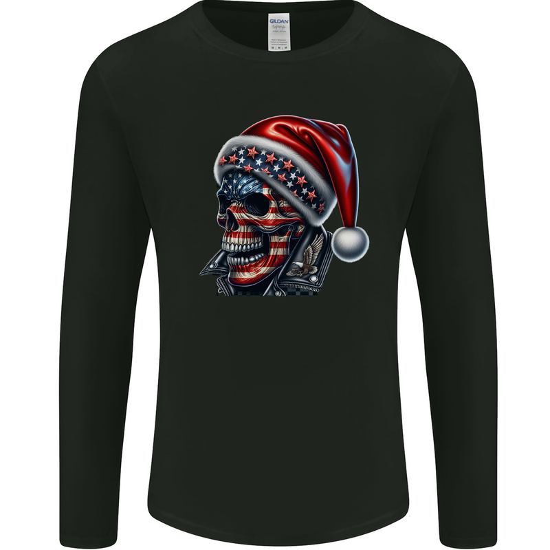 American Christmas Skull Xmas USA Flag Biker Mens Long Sleeve T-Shirt Black
