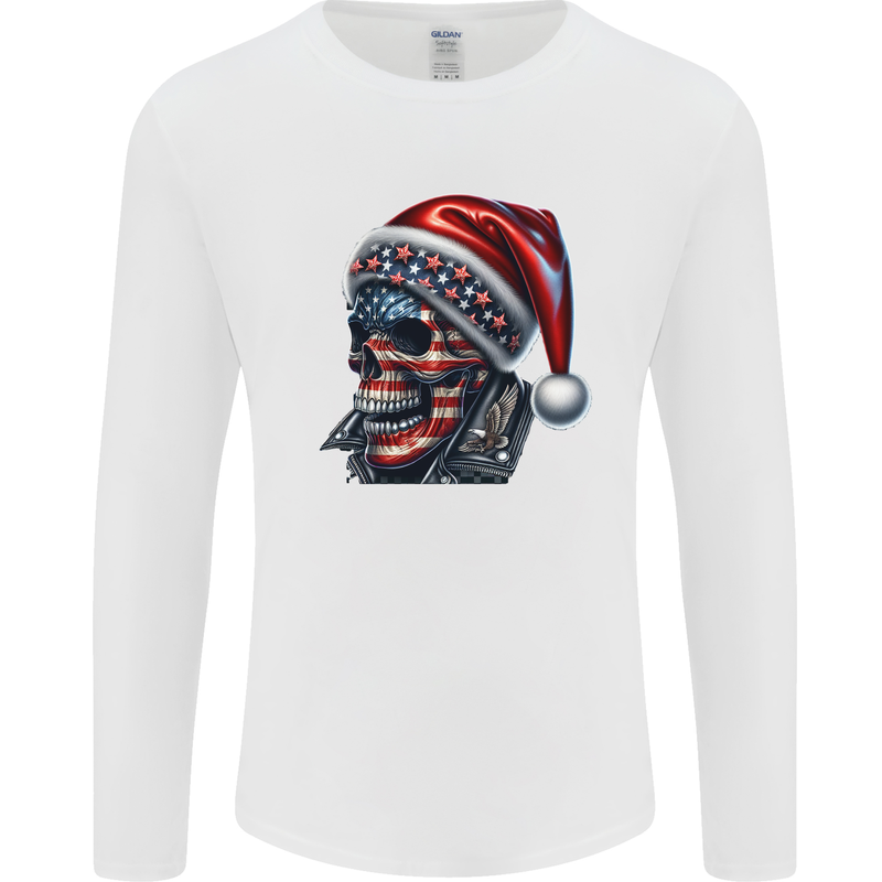 American Christmas Skull Xmas USA Flag Biker Mens Long Sleeve T-Shirt White