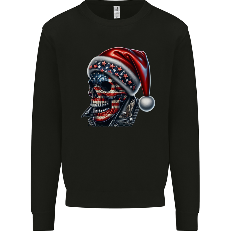 American Christmas Skull Xmas USA Flag Biker Mens Sweatshirt Jumper Black