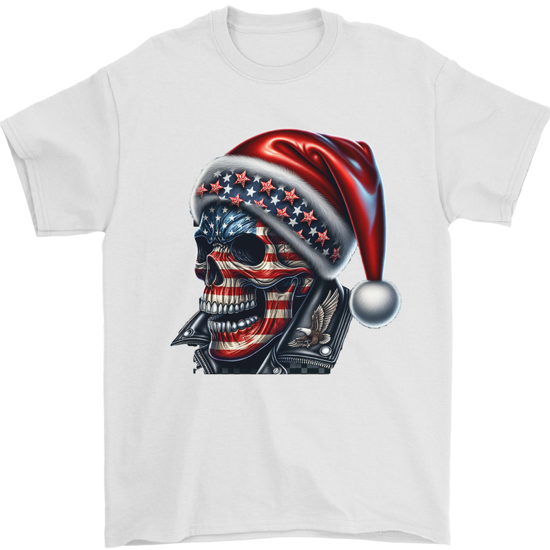 American Christmas Skull Xmas USA Flag Biker Mens T-Shirt 100% Cotton White