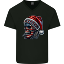 American Christmas Skull Xmas USA Flag Biker Mens V-Neck Cotton T-Shirt Black