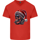 American Christmas Skull Xmas USA Flag Biker Mens V-Neck Cotton T-Shirt Red