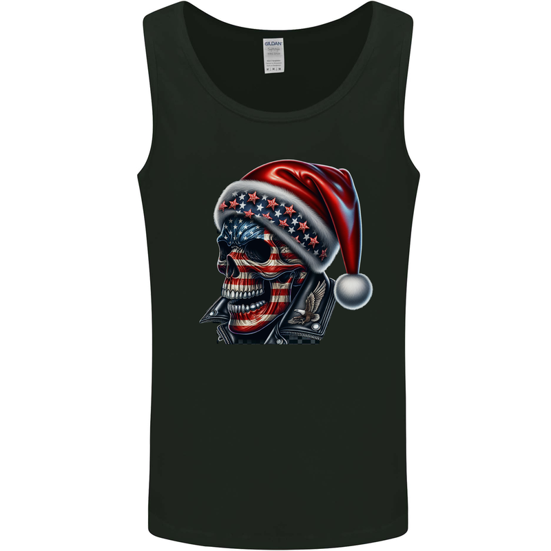 American Christmas Skull Xmas USA Flag Biker Mens Vest Tank Top Black