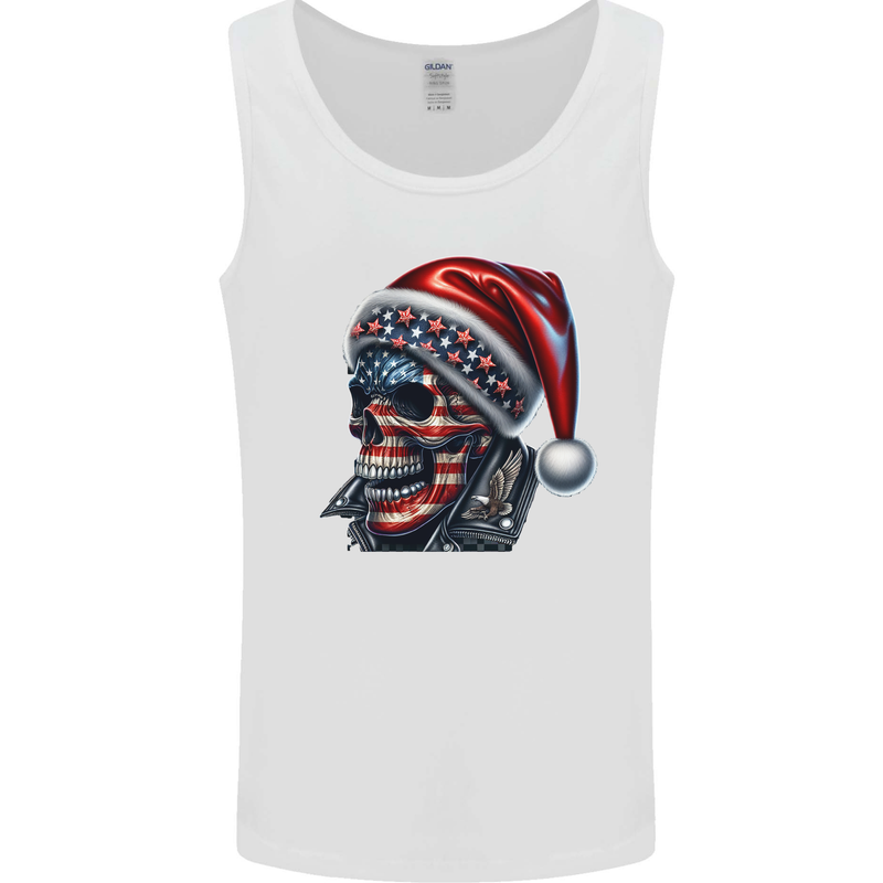 American Christmas Skull Xmas USA Flag Biker Mens Vest Tank Top White