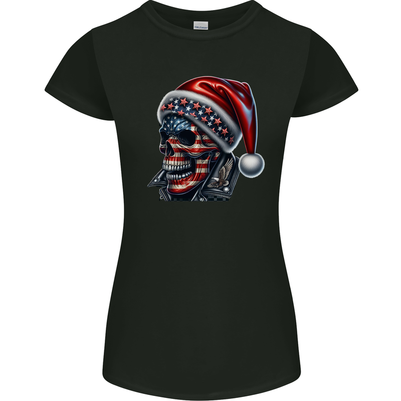 American Christmas Skull Xmas USA Flag Biker Womens Petite Cut T-Shirt Black