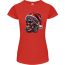American Christmas Skull Xmas USA Flag Biker Womens Petite Cut T-Shirt Red