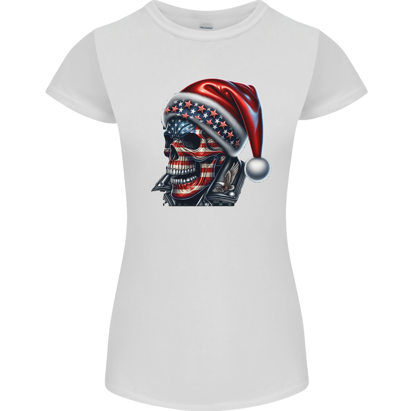American Christmas Skull Xmas USA Flag Biker Womens Petite Cut T-Shirt White