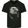American Eagle With USA Flag Mens V-Neck Cotton T-Shirt Black