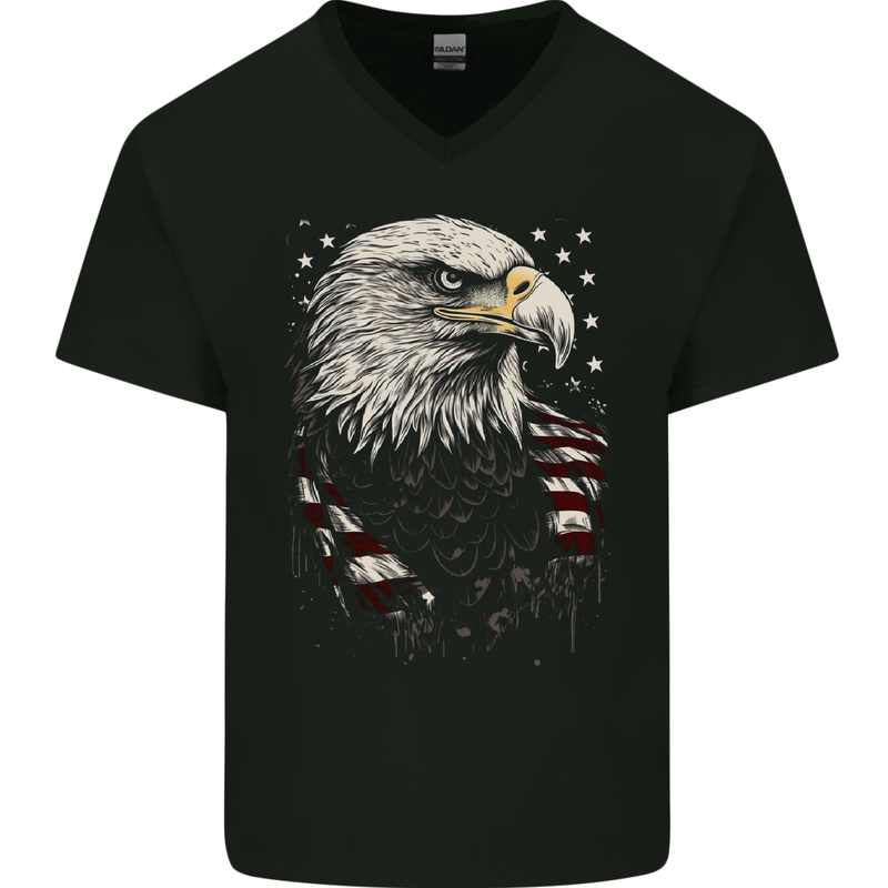 American Eagle With USA Flag Mens V-Neck Cotton T-Shirt Black