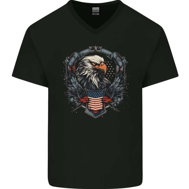 American Eagle With USA Flag Shield Mens V-Neck Cotton T-Shirt Black