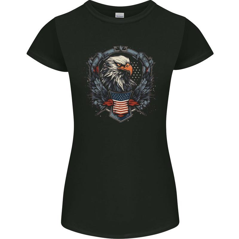 American Eagle With USA Flag Shield Womens Petite Cut T-Shirt Black