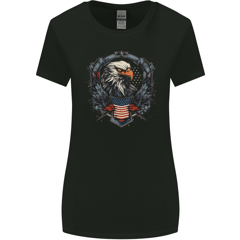 American Eagle With USA Flag Shield Womens Wider Cut T-Shirt Black