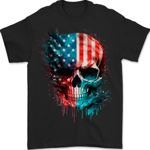 American Flag Skull USA Biker Motorcycle Veteran Mens T-Shirt 100% Cotton BLACK