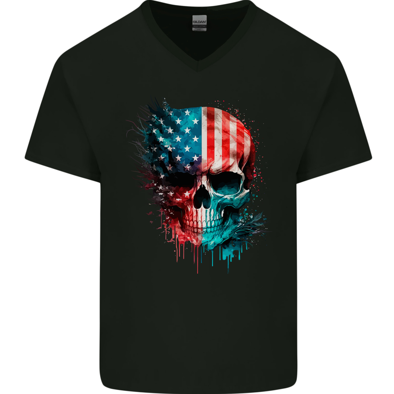 American Flag Skull USA Biker Motorcycle Veteran Mens V-Neck Cotton T-Shirt Black