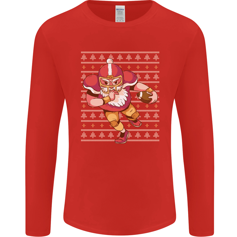 American Football Santa Christmas Xmas Mens Long Sleeve T-Shirt Red