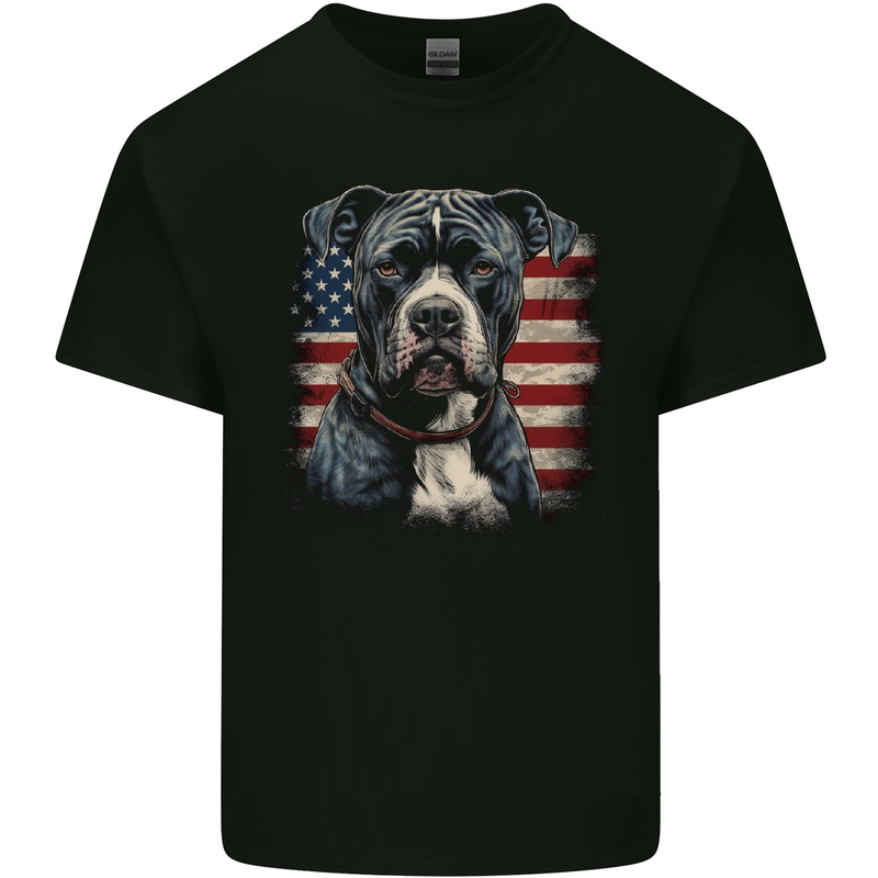 American Pitbul With USA Flag America Dog Mens Cotton T-Shirt Tee Top Black