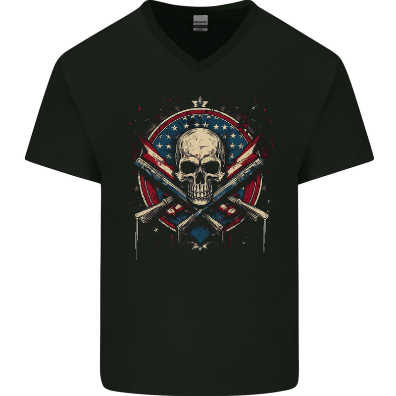 American Skull Shield USA Flag Mens V-Neck Cotton T-Shirt Black