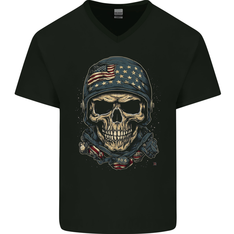 American Skull USA Mens V-Neck Cotton T-Shirt Black