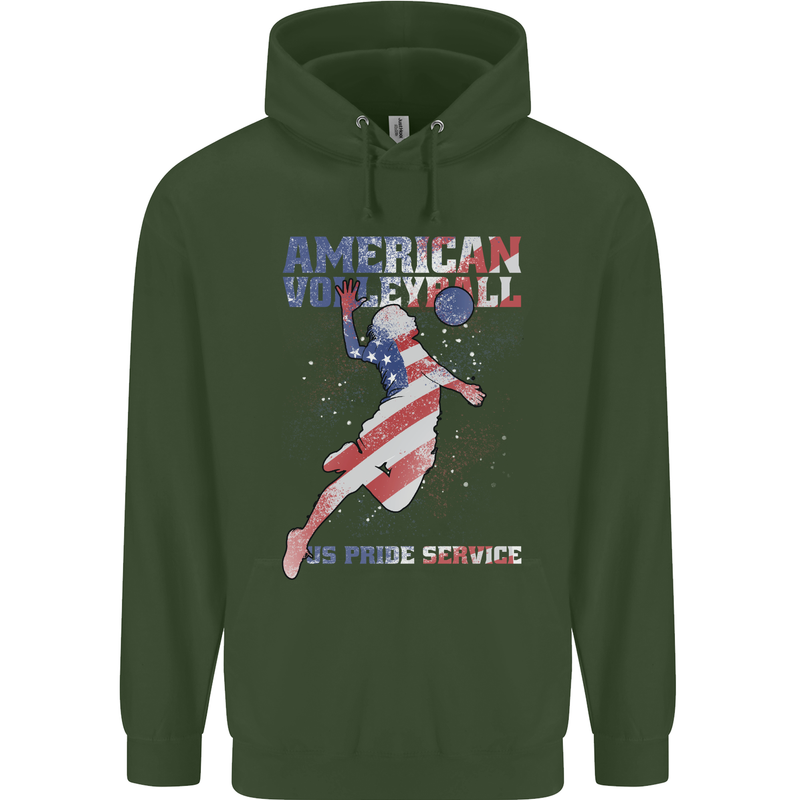 American Volleyball Player USA Flag Mens 80% Cotton Hoodie Forest Green