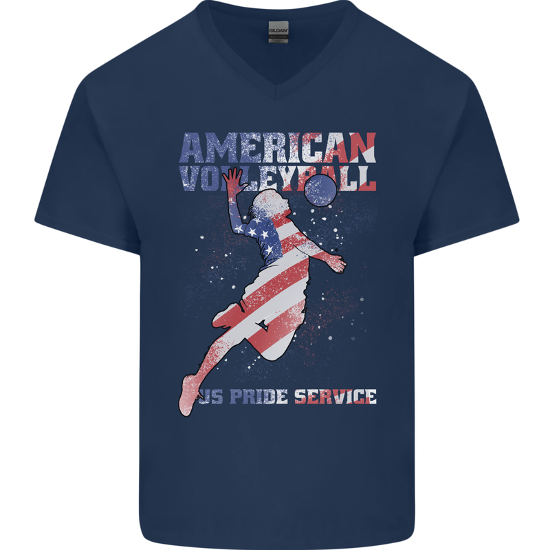 American Volleyball Player USA Flag Mens V-Neck Cotton T-Shirt Navy Blue