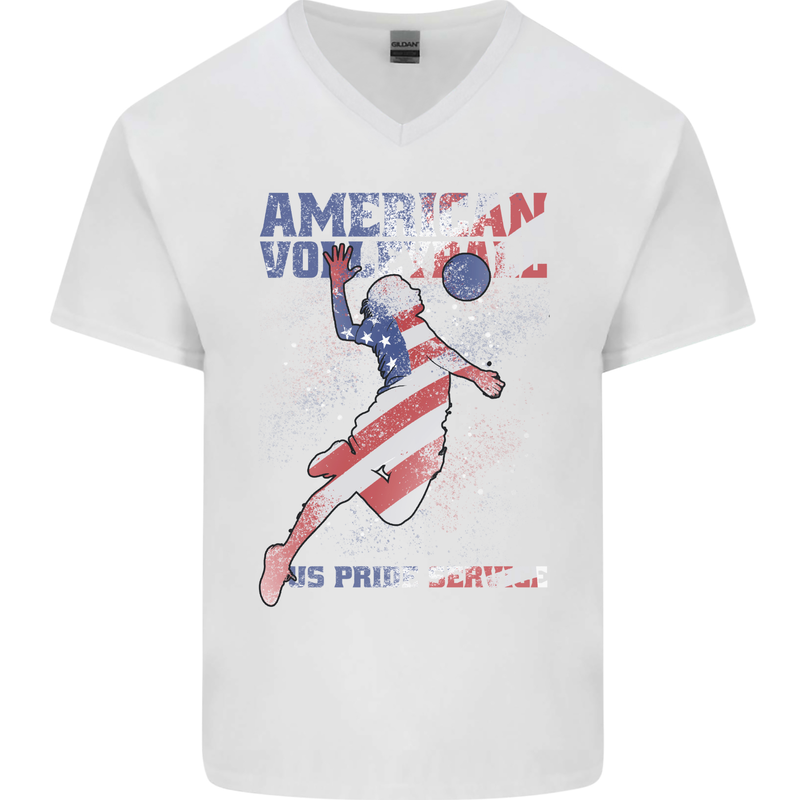 American Volleyball Player USA Flag Mens V-Neck Cotton T-Shirt White