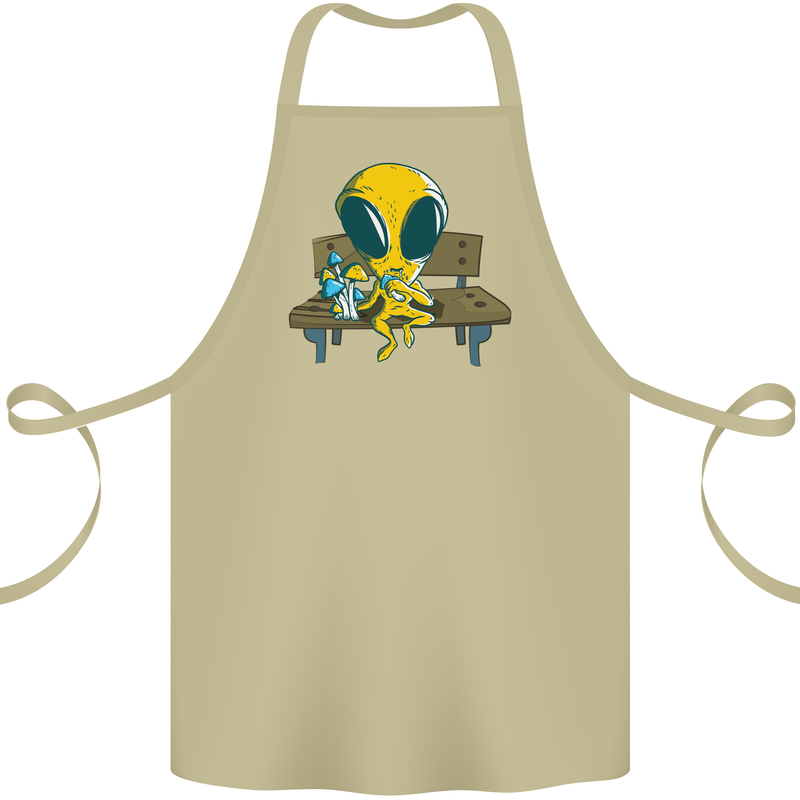 An Alien Eating Magic Mushrooms LSD Cotton Apron 100% Organic Khaki
