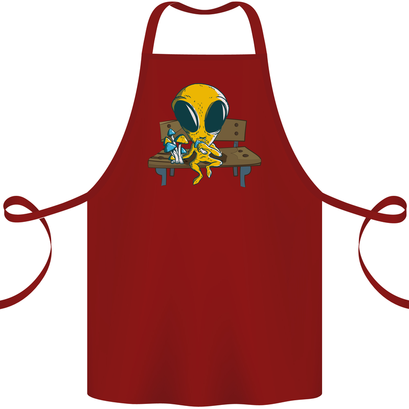 An Alien Eating Magic Mushrooms LSD Cotton Apron 100% Organic Maroon