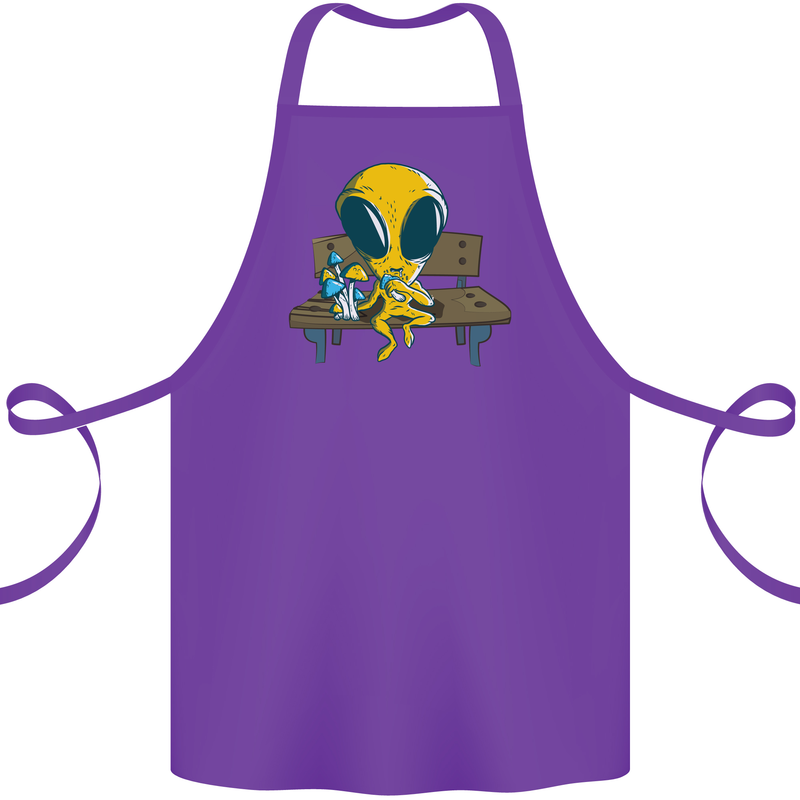An Alien Eating Magic Mushrooms LSD Cotton Apron 100% Organic Purple