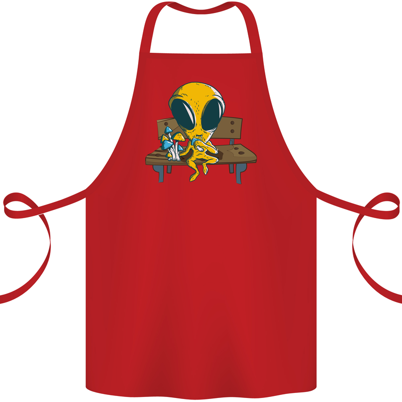 An Alien Eating Magic Mushrooms LSD Cotton Apron 100% Organic Red
