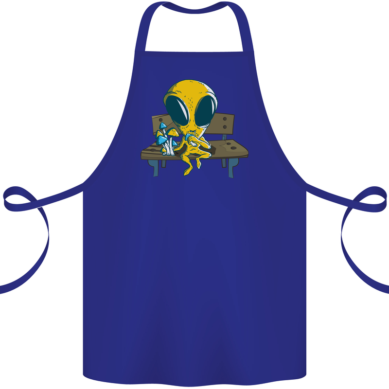An Alien Eating Magic Mushrooms LSD Cotton Apron 100% Organic Royal Blue