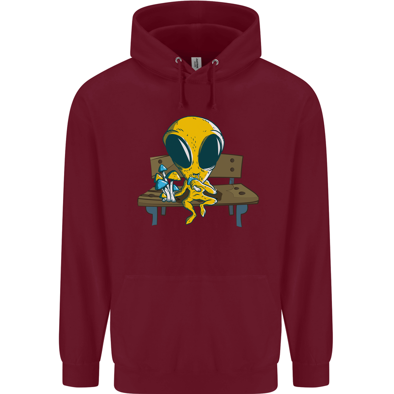 An Alien Eating Magic Mushrooms LSD Mens 80% Cotton Hoodie Maroon