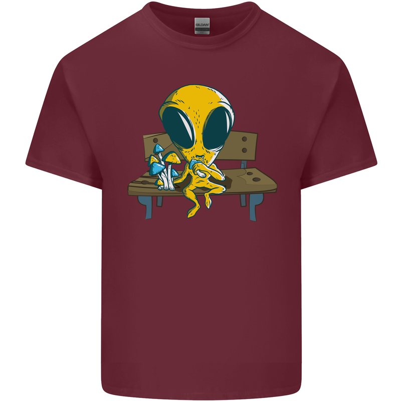 An Alien Eating Magic Mushrooms LSD Mens Cotton T-Shirt Tee Top Maroon