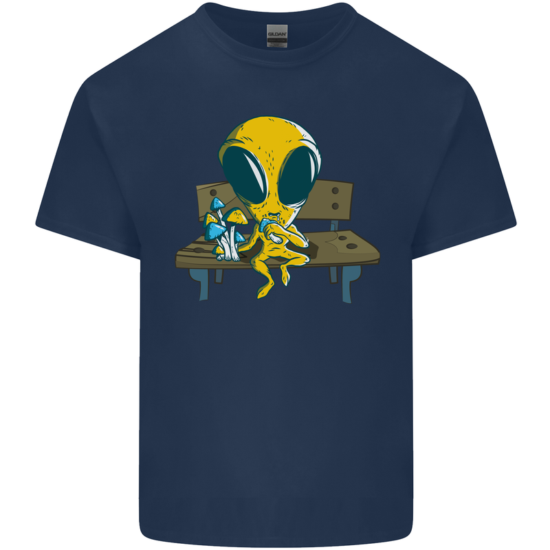An Alien Eating Magic Mushrooms LSD Mens Cotton T-Shirt Tee Top Navy Blue