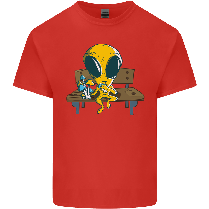 An Alien Eating Magic Mushrooms LSD Mens Cotton T-Shirt Tee Top Red