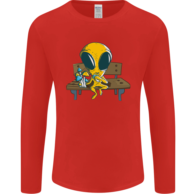 An Alien Eating Magic Mushrooms LSD Mens Long Sleeve T-Shirt Red
