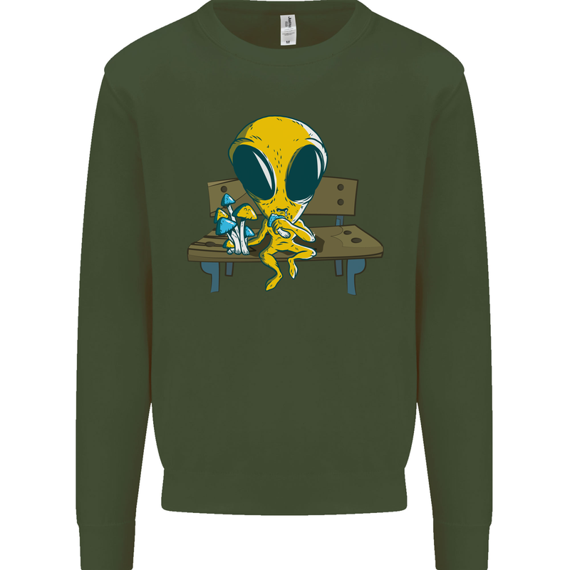 An Alien Eating Magic Mushrooms LSD Mens Sweatshirt Jumper Forest Green