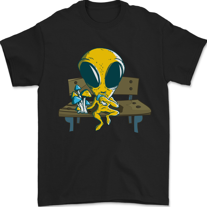 a black t - shirt with an alien eating a sandwich