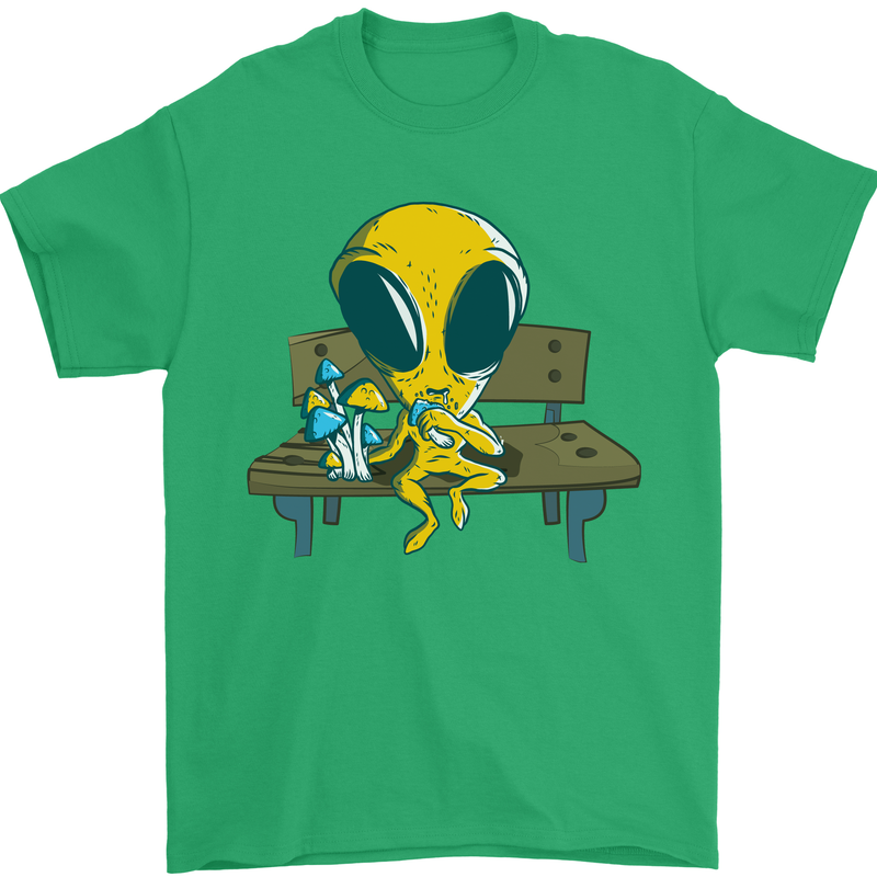 An Alien Eating Magic Mushrooms LSD Mens T-Shirt 100% Cotton Irish Green