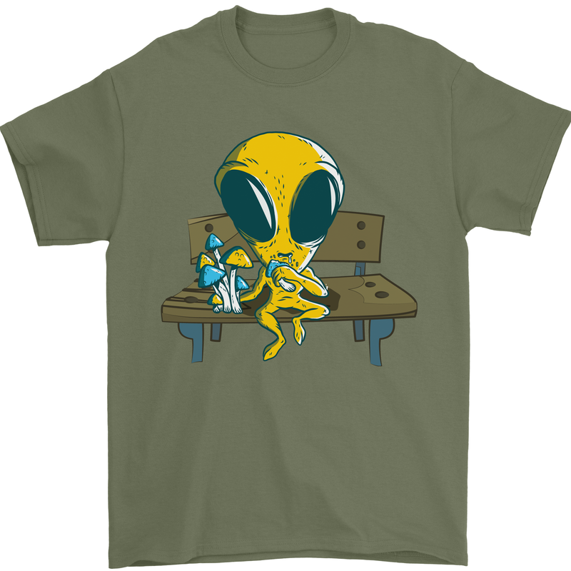An Alien Eating Magic Mushrooms LSD Mens T-Shirt 100% Cotton Military Green