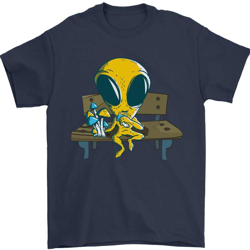 An Alien Eating Magic Mushrooms LSD Mens T-Shirt 100% Cotton Navy Blue