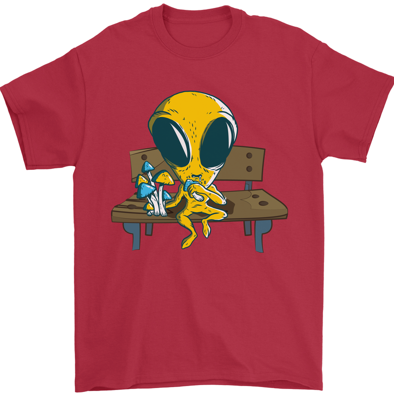 An Alien Eating Magic Mushrooms LSD Mens T-Shirt 100% Cotton Red